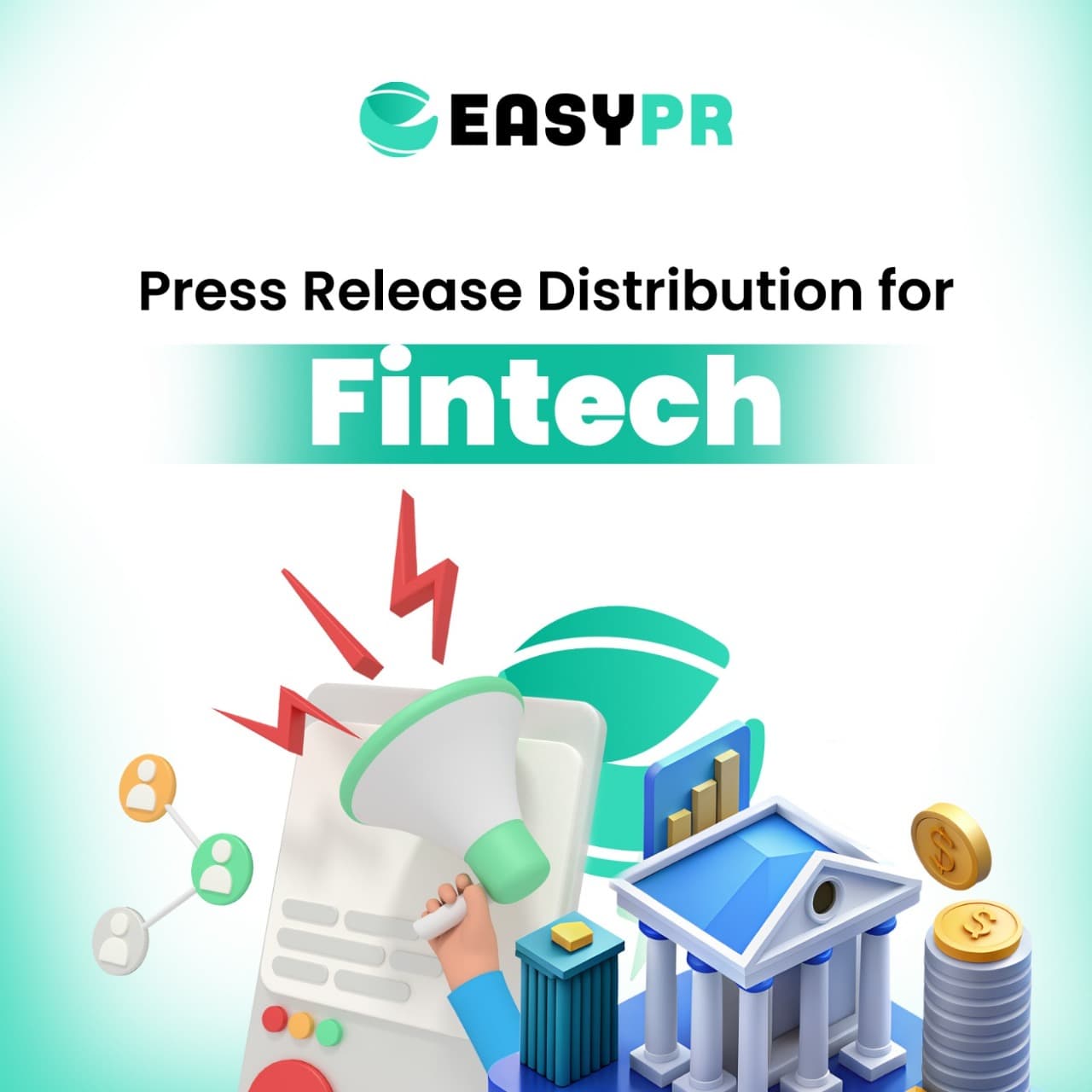 Graphic showing a megaphone surrounded by fintech elements such as digital bank icons, currency symbols, and tech circuit lines, representing press release distribution for fintech companies.