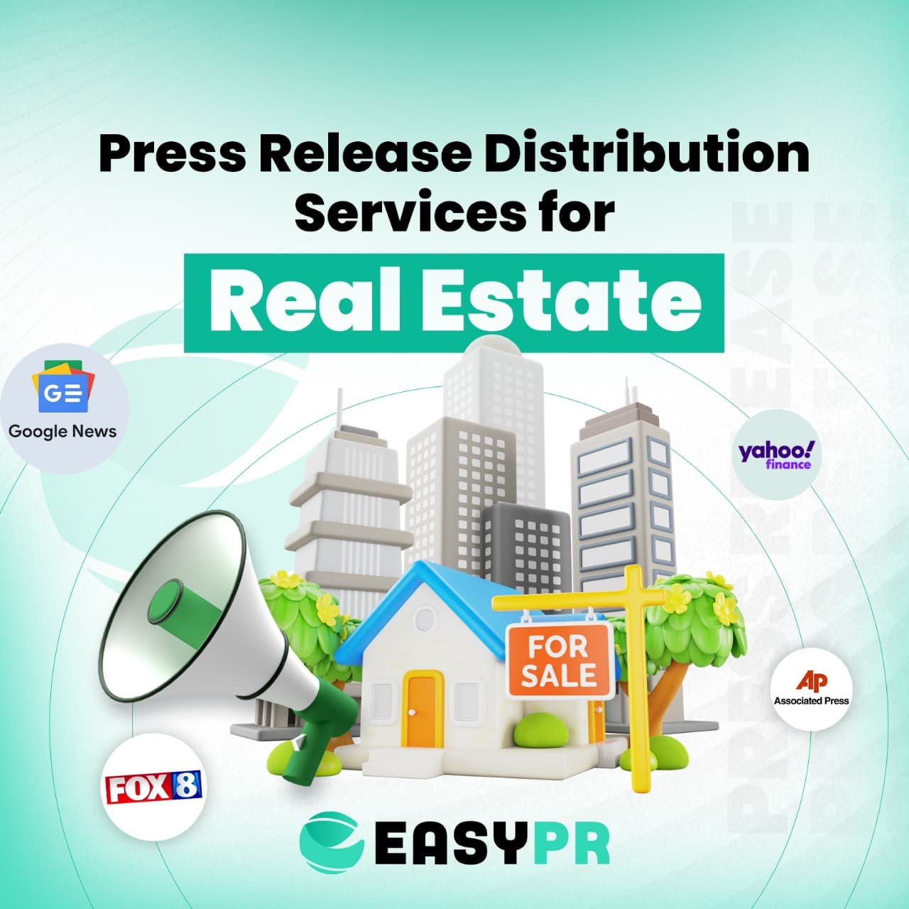 Graphics showing a modern house with a “For Sale” sign, a city skyline with tall skyscrapers, and the logos of Google News and Yahoo Finance to represent real estate distribution coverage.