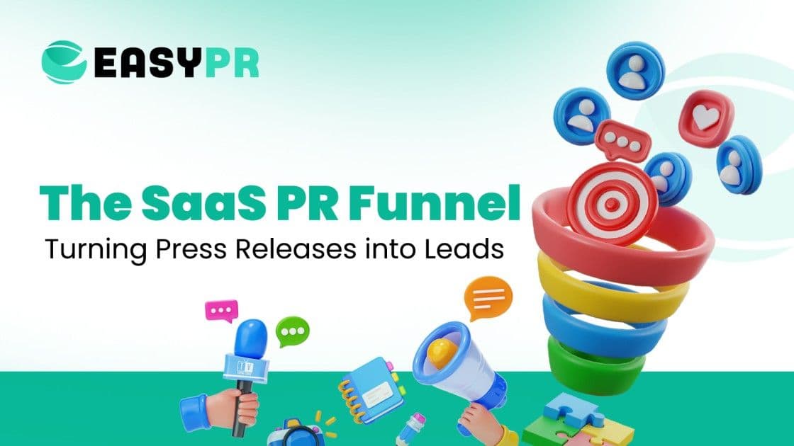 Illustration for The SaaS PR Funnel, featuring colorful funnels and icons symbolizing communication, like microphones and megaphones.
