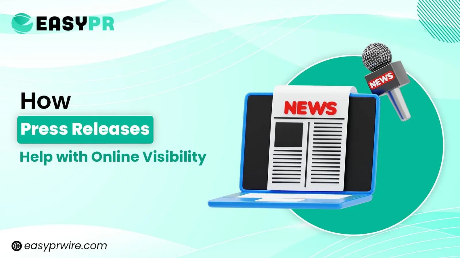 A laptop displaying a newspaper with "NEWS" and a microphone, illustrating how press releases improve your online visibility.