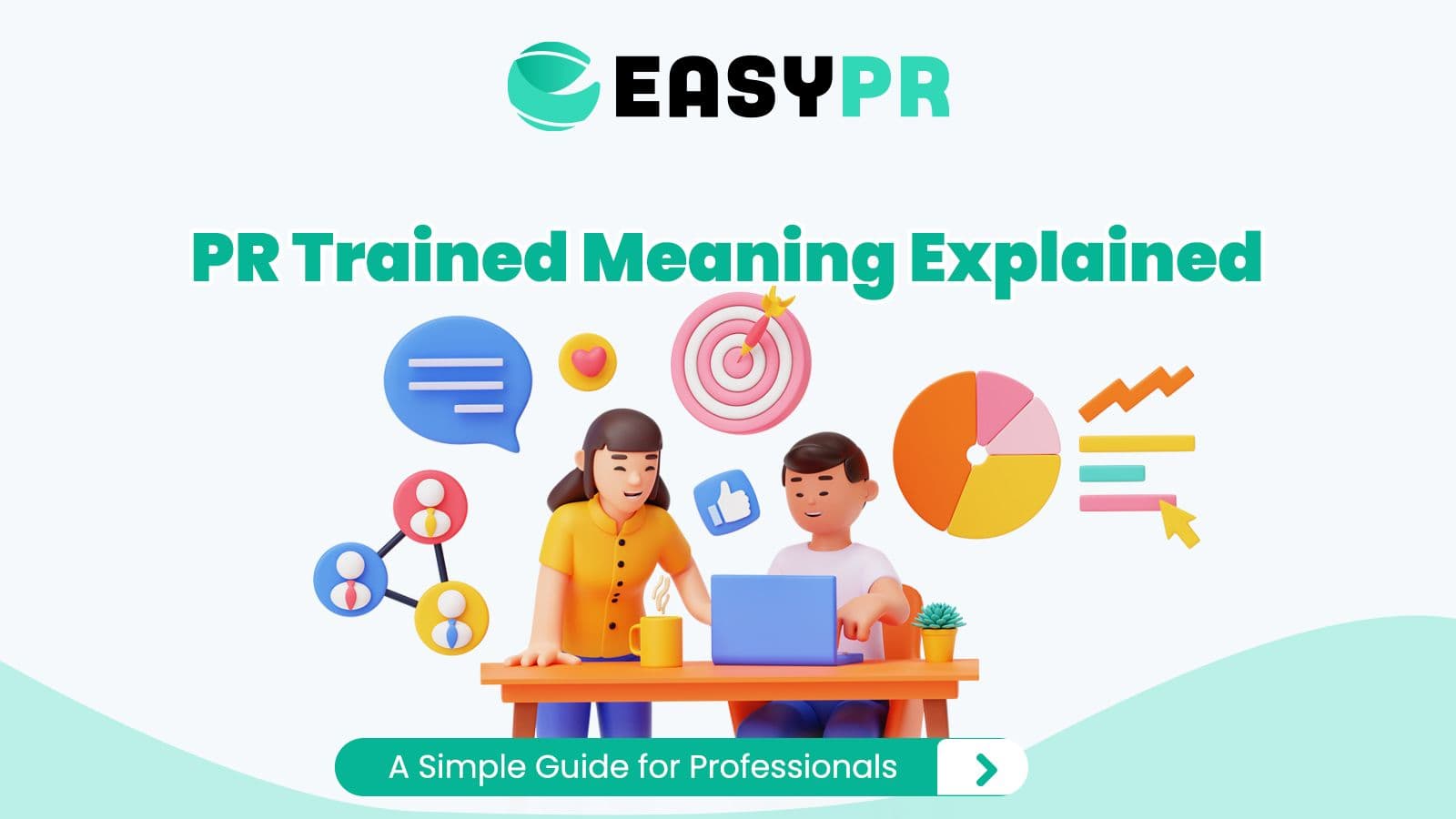 Graphic for a guide on the PR trained meaning, featuring an illustration with communication bubbles and data visualization elements.