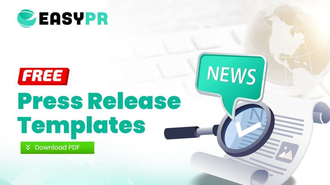Graphic for free press release templates, featuring a globe, magnifying glass, and a “NEWS” speech bubble, with a clickable “Download PDF” button.